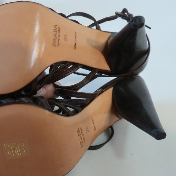 NWOB Womens Prada Brown Caged Strap Leather Cone Heel Slingback Pumps 39 US/9 - Picture 8 of 11